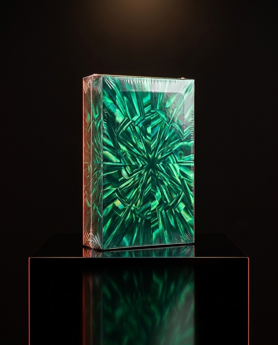 Sealed Japanese booster box, factory shrink-wrapped, spot-lit on a black pedestal