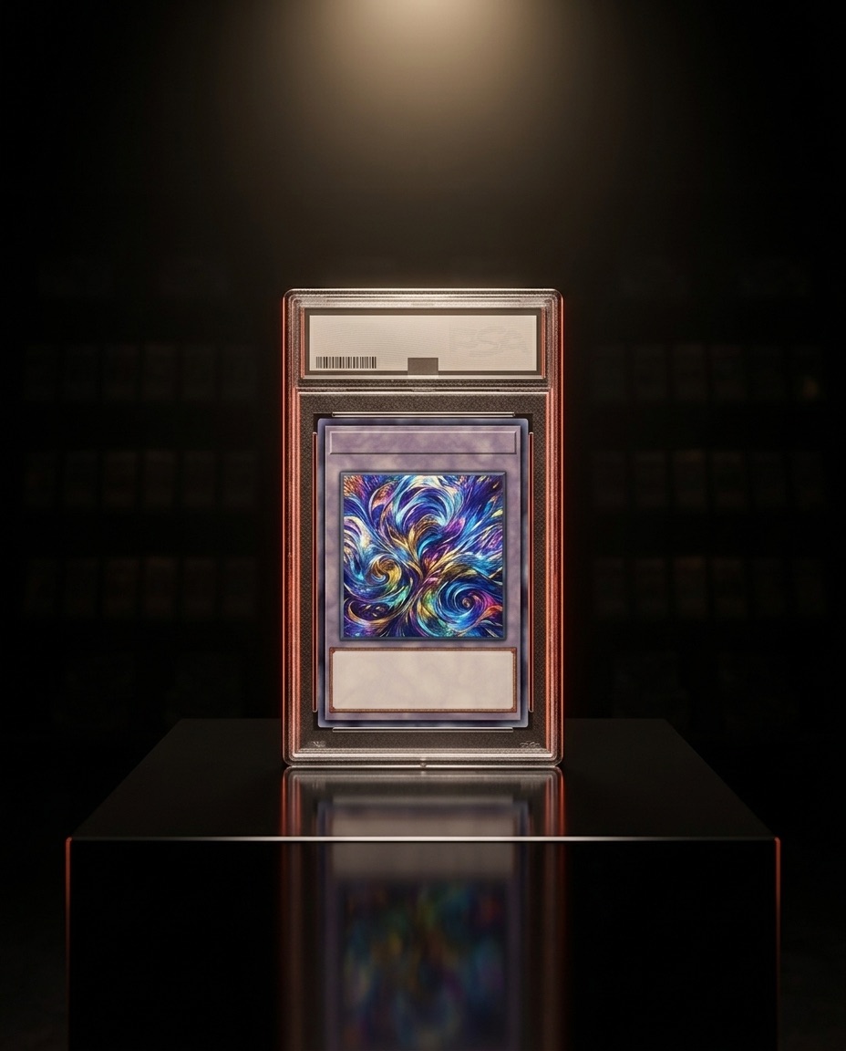 Graded trading-card slab in a clear acrylic case, spot-lit on a black pedestal